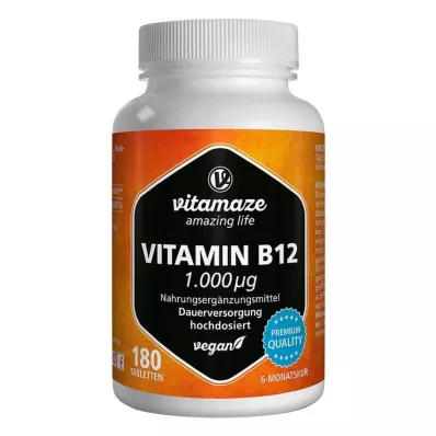 VITAMIN B12 1000 µg yüksek doz vegan tabletler, 180 adet